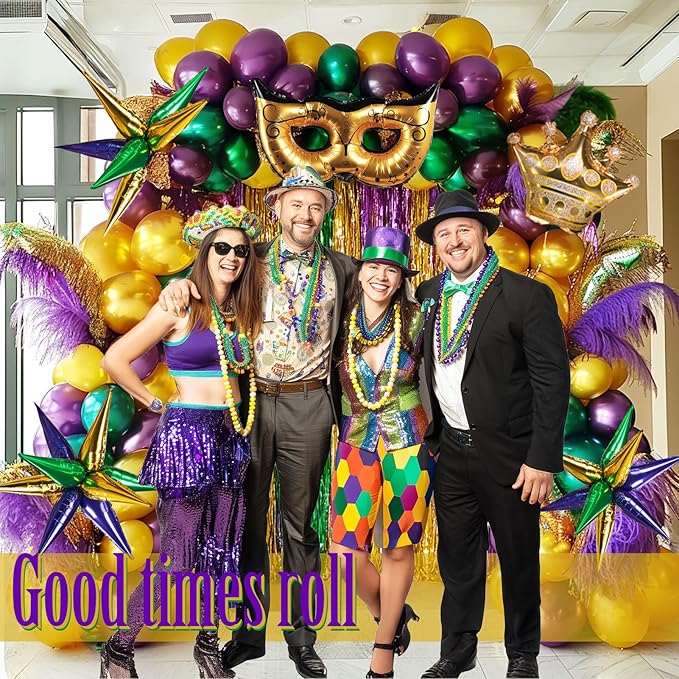 Mardi balloon garland arch kit 130pcs Purple green gold with golden confetti balloons Mylar star Crown and Crown Mask Balloons for Gorgeous Funny Grand Fat Tuesday Party decorations