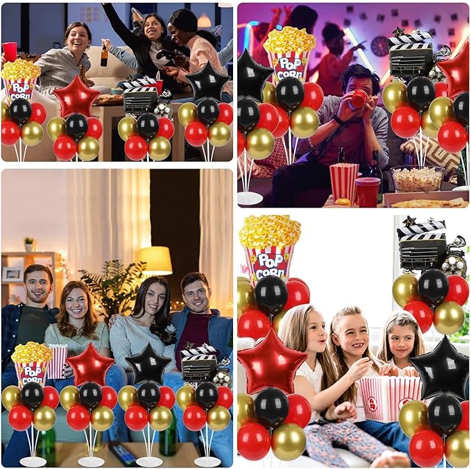 4 Sets Movie Night Party Balloons Stand Kit with Popcorn Clapboard Star Foil Balloons Red Black Gold Themed Party Balloon Centerpiece for Tables for Birthday Camera Film Party Movie Themed Decorations