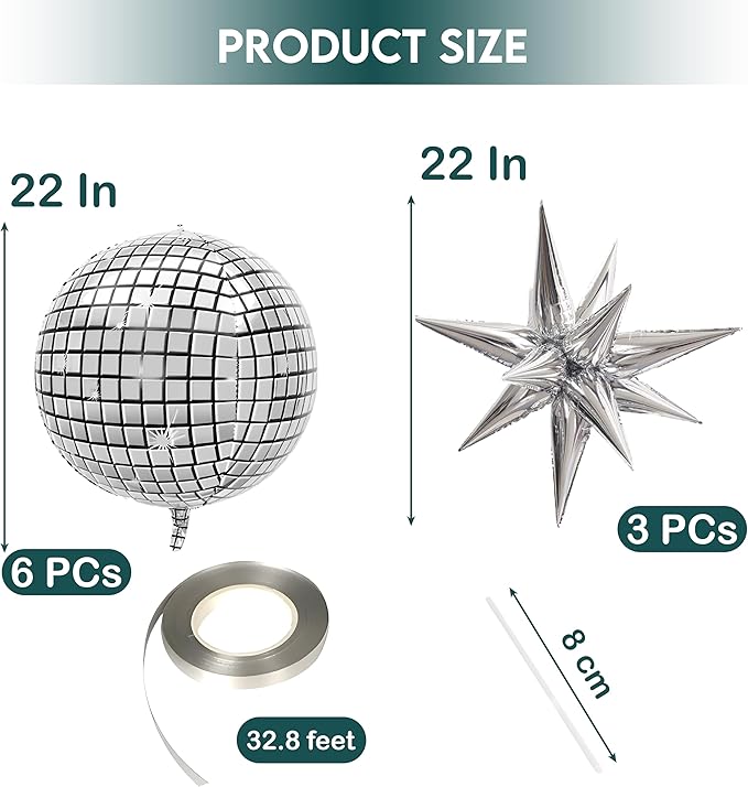 Inflatable Disco Ball Balloons Pack of 9-22” Silver Mylar Foil Disco Party Balloons with Star Balloons, Ribbon & Pipe for New Year's Disco Ball Decorations Party, Bachelorette, Birthday Décor