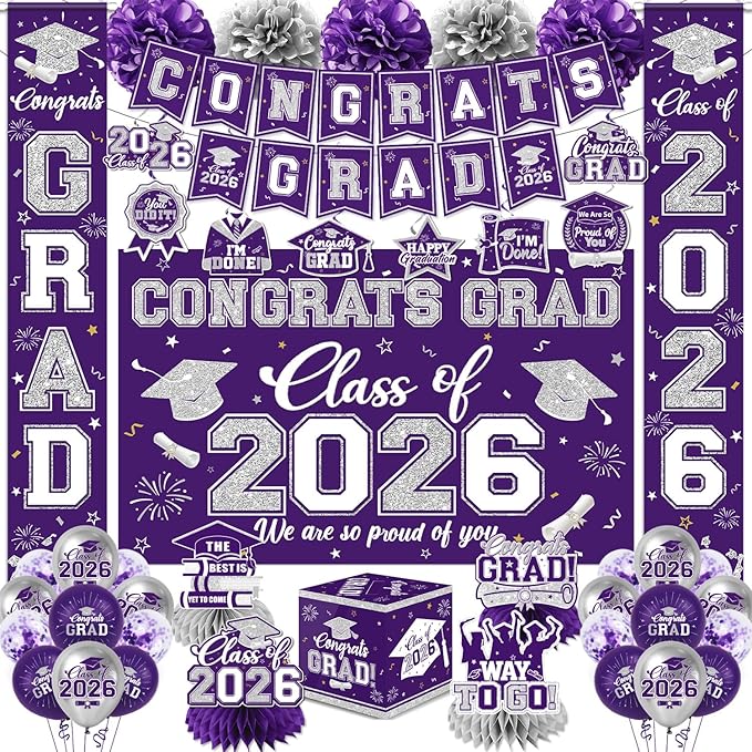 Purple and Silver Graduation Decorations 2026 Set, All-in-1 Kit with Congrats Grad Banner Class of 2026 Backdrop Porch Sign Balloons Centerpieces Card Box Pom Poms Streamers for College High School