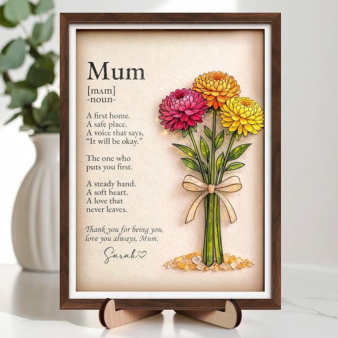 Personalized Birthday Gift for Women, Mom Birth Flower Frame, Custom Mum Definition Art Craft Family Keepsake, Gifts for Mothers Day, Grandma, Nana, Nini Gifts, Decorative Sign for Home