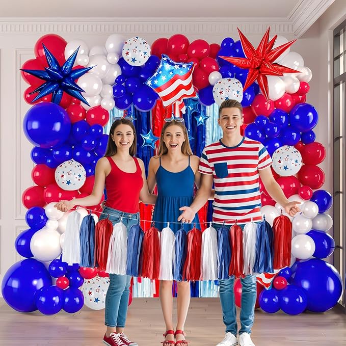 Patriotic balloons Red White and Blue balloon garland arch kit with star print and flag star mylar balloon Tissue Paper Tassels Banner for 4th of july independent day Veteran Day party decorations
