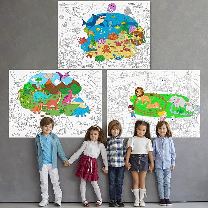 Set of 3 Coloring Posters for Kids Giant Coloring Poster Large Animal Ocean Dinosaur Coloring Tablecloth Jumbo Coloring Books for kids Classroom Home Birthday Party Supplies Favor 31.4 x 43.3 Inch