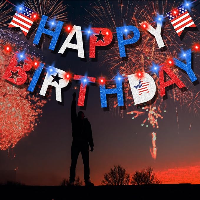 4th of July Birthday Banner with light, Happy Birthday Banner with Battery Operated Fairy String Light, 4th of July Independence Veterans Day Party, Glitter US Star Red White Blue Decorations