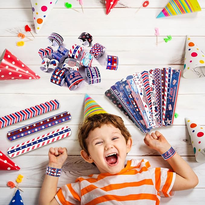 MGparty 4th of July Accessories, 48PCS Patriotic Slap Bracelets Toys for Kids, Fourth of July Decorations Party Favors Memorial Day Supplies Classroom Prizes Gifts Accessories