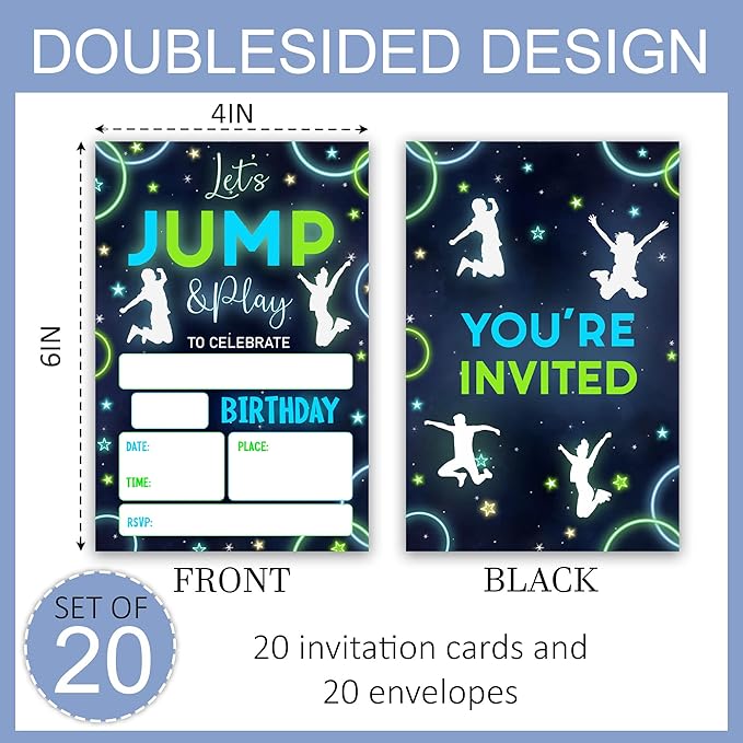 Trampoline Park Birthday Invitations, Glow Trampoline Party Neutral Invites, Neon Bounce House Party Invitation Cards for Boys & Girls, 4 x 6 20 Count with Envelopes