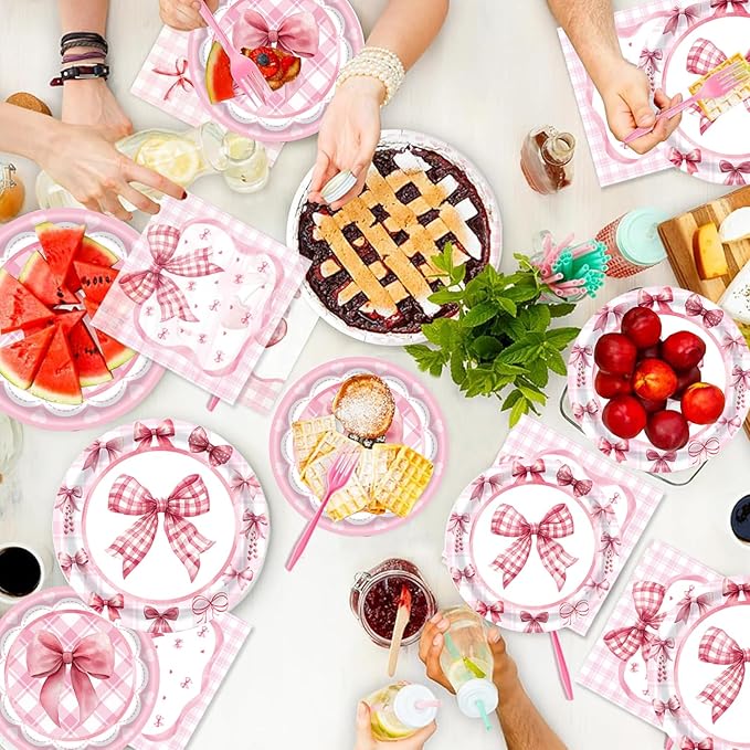 194PCS Pink Bow Plates Birthday Decorations for 24 Guests – GalaHub Coquette Party Supplies with Bow Cups, Cutlery, Tablecloth & Banner – Bow-Themed Party Decor for Girls & Women