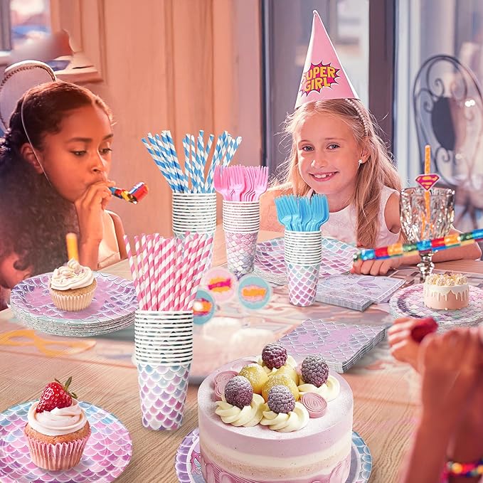 300Pcs Mermaid Plates and Napkins Tableware Sets (Serve 50), Mermaid Party Supplies (Blending 2 Designs ), Including Plates Napkins Cups Straws and Forks, Party Decorations