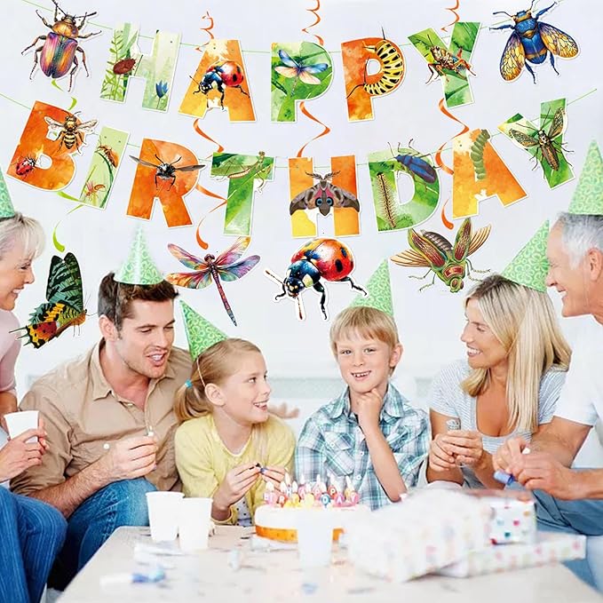Zwiebeco Multicolored Insect Happy Birthday Banner Bunting Hanging Paper Swirls Garland Party Decorations for Boys Girls Kids Baby Shower Spring Summer Themed Bday Decor Accessories Supplies