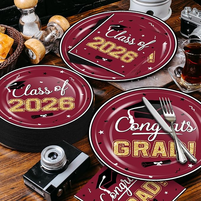 OuMuaMua Class of 2026 Graduation Party Decorations - 200 Pcs Maroon Graduation Plates and Napkins Disposable Dinnerware Set for 2026 College High School Grad Party Decorations, Serve 50