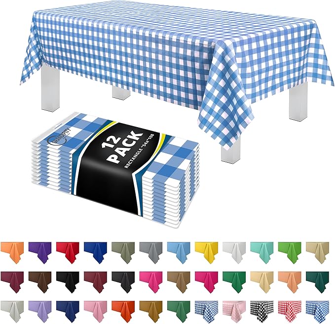 Grandipity 12 Pack Premium Disposable Plastic Picnic Tablecloth 54 Inch. x 108 Inch. Decorative Rectangle Table Cover - Blue Checkered Gingham