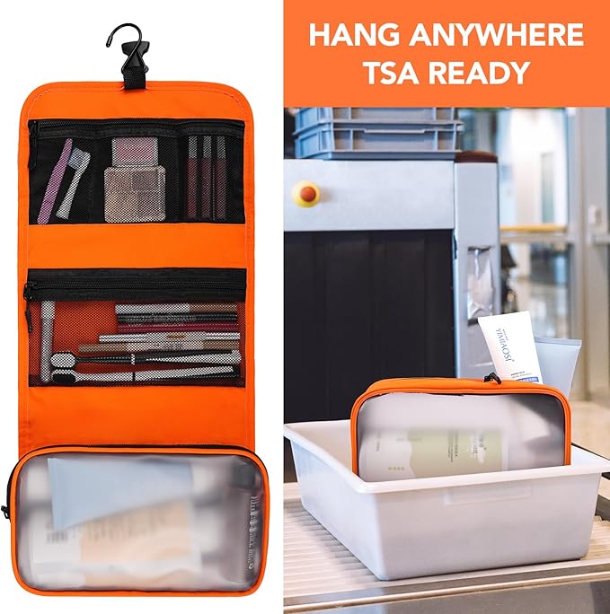 Travel Toiletry Bag Set for Women, Compact Size 5-Piece Hanging Organizer Kit with TSA Approved Cosmetic Bag, Jewelry Case & Cable Pouch, Waterproof Makeup Bag for Travel Essentials - Orange