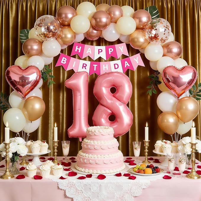 18th Birthday Decorations for Girls, Rose Gold and Black Party Supplies Set with Happy 18th Banner, Number 18 Balloon and Foil Fringe Curtains, 18 Year Old Kit