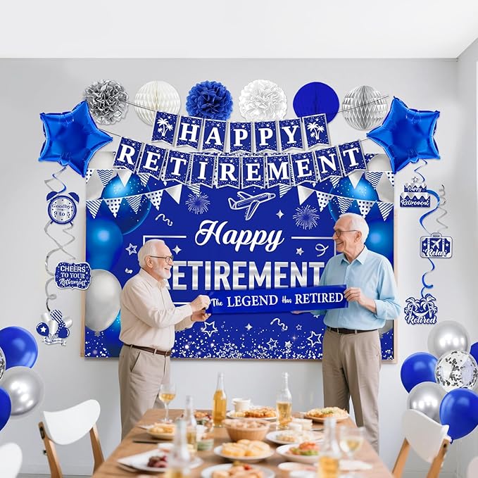 Retirement Party Decorations, Blue Silver Retirement Decorations for Men Women Including Tassel Garland Banner HAPPY RETIREMENT Banner Backdrop Sash Hanging Swirl Balloons Honeycomb Ball Cake Toppers