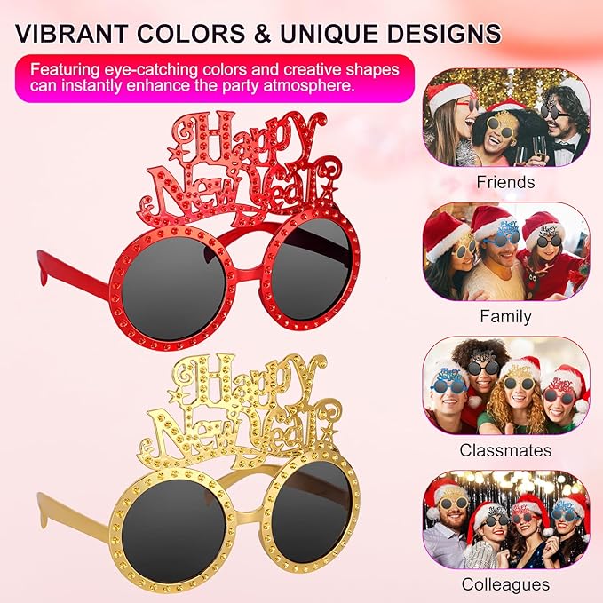 Happy New Year Metallic Glasses Shiny 2026 Party Eyeglasses for Adults & Kids Fun NYE Accessories & Photo Booth Props
