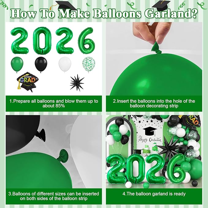Graduation Balloons Garland Arch Kit, Graduation Balloon Class of 2026, Green and Black White Balloons with Foil Balloon for Class of 2026 Party Decor