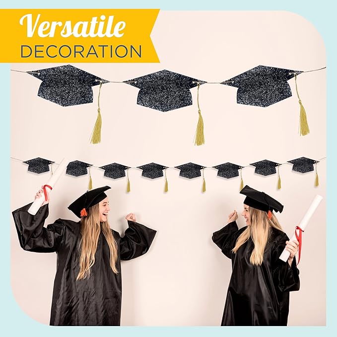 4E's Novelty Graduation Cap Banner – Black Glitter 2026 Grad Cap Garland, Grad Party Decorations 2025, Hanging Graduation Decor for College, High School & Outdoor Celebrations
