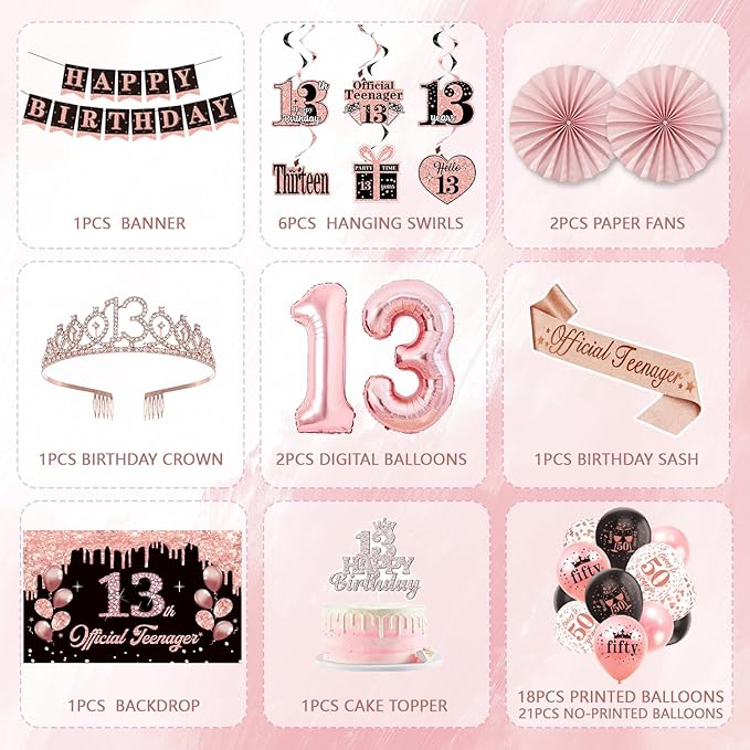 13th Birthday Decorations for Girls, Official Teenager Party Supplies, Black Rose Gold Banner Backdrop Numbers Foil Balloon Crown Sash Hanging Swirls Paper Fans for 13 Birthday Girl Decorations