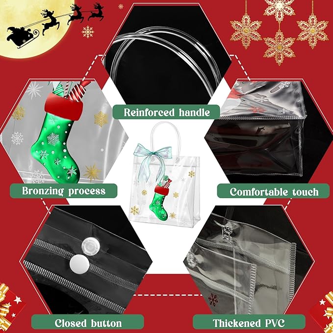 Henoyso 24 Pcs Christmas Clear Gift Bags Plastic Candy Treat Goodie Bags Red Foil Santa PVC Wrap Totes with Handles and Ribbon Xmas Party Favors (Red and Green,7.8 x 7.8 x 3.1 Inch)