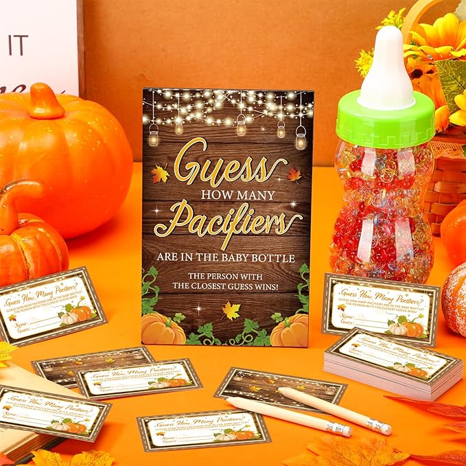 Syhood Fall Baby Shower Games Guess How Many Pacifiers Pumpkin Game Sign 50 Small Guessing Games 20 HB Pencils 750 ml Milk Bottle 400 Acrylic Pacifiers Decorations Guests Gender Reveal Party Favors