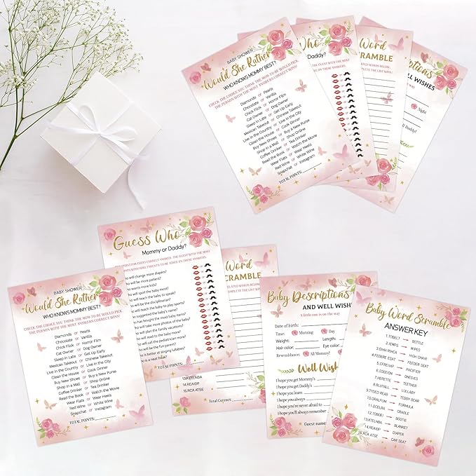 HOMANGA Baby Shower Games for Girl, 4 Fun Games for 25 Guests, Pink Floral Baby Shower Decorations, Who Knows Mommy Best, Guess Who Mommy or Daddy, Word Scramble, Babies Descriptions & Well Wishes