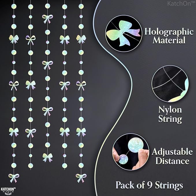 Katchon, Iridescent Bows Garland - Pack of 9 Strings, 5 Feet | Bow Garland, Bachelorette Party Decorations | Bridal Shower Backdrop, Bridal Shower Decorations | Wedding Decor for Bow Party Decorations