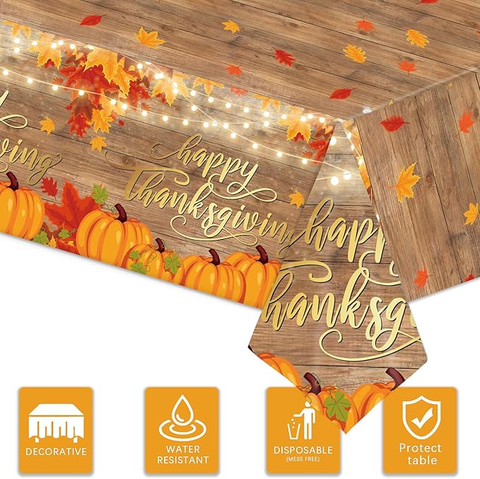 Thanksgiving Disposable Tablecloth, 54 x 108 Inch Rectangle Waterproof Plastic Fall Theme Tablecloth for Harvest Party Table Decoration (Pumpkin 3 Pack)