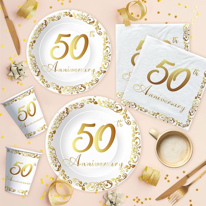 APOWBLS 50th Anniversary Decorations And Supplies Tableware - Golden 50th Wedding Anniversary Decorations Party Supplies, Paper Plate, Napkin, Tablecloth, Fork | Serves 24