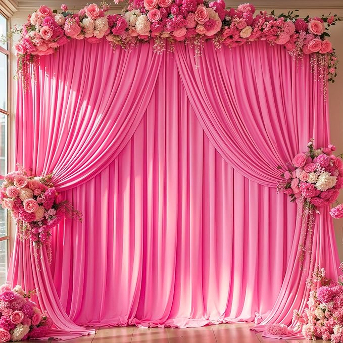 Hot Pink Backdrop Curtain 4 Panels-Wrinkle-Free Polyester Photography Drapes for Wedding Party Photo Background Decorations- 16 X10FT (Hot Pink)