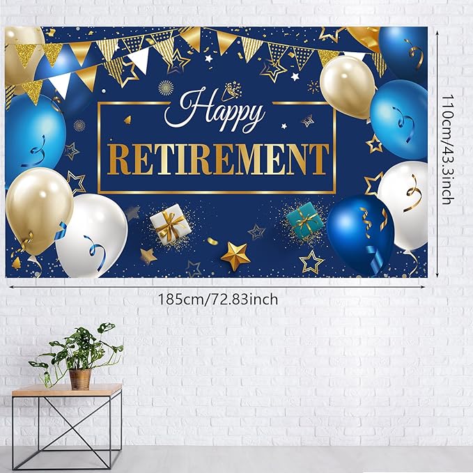 Blulu Retirement Party Decorations, Extra Large Fabric Retire Sign Banner Photo Booth Backdrop Background with Rope for Retirement Party Favor(72.8 x 43.3 Inches,Blue and Gold)