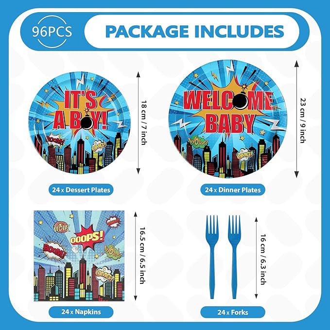 96Pcs Super Theme Hero Baby Shower Party Decoration Blue Welcome-Baby Plates and Napkins Hero City Buildings Disposable Tableware Set for Boys Baby Shower Birthday Party Supplies Serves 24