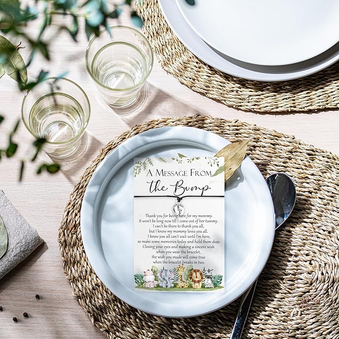 Thyle 50 Set Safari Baby Shower Favors for Guests Adjustable Bracelets with Message from The Bump Card Footprints Charm Baby Shower Bracelets for Gender Reveal Thank You Gifts