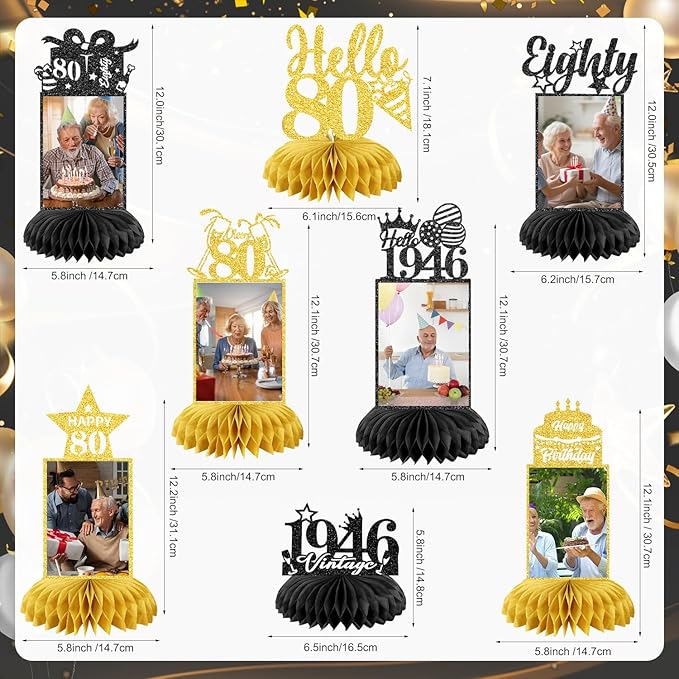 8Pcs 80th Birthday Decoration for Men Women Happy 80th Birthday Honeycomb Centerpieces 80th Birthday Table Party Decorations Black and Gold Cheers to 80 Years Decor 1946 Birthday Party Favors
