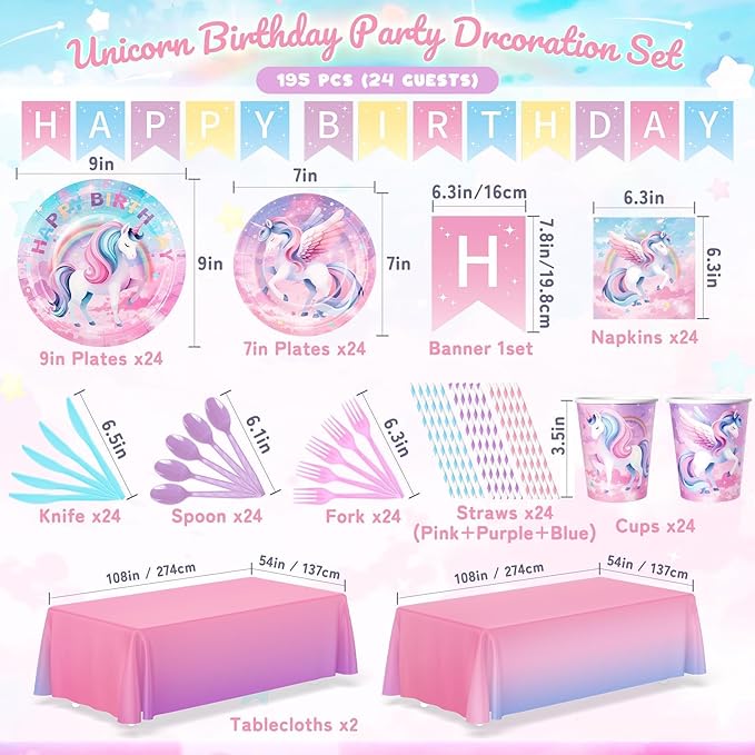 195Pcs Unicorn Birthday Party Supplies with Plates Cups Napkins Straws Cutlery, Unicorn Themed Birthday Decorations with Banner and Tablecloths, 24 Serves Unicorns Disposable Tableware Set for Party