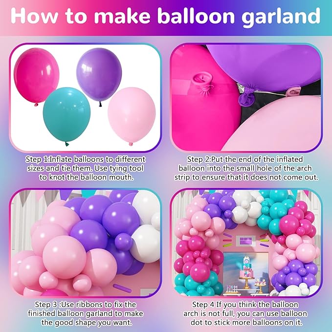 Pink Purple Balloon Arch Kit 130 Pcs Blue Purple Pink Party Balloons Garland Pastel Hot Pink Teal Purple White Latex Balloon for Girls Mermaid Birthday Baby Shower Wedding Party Decorations