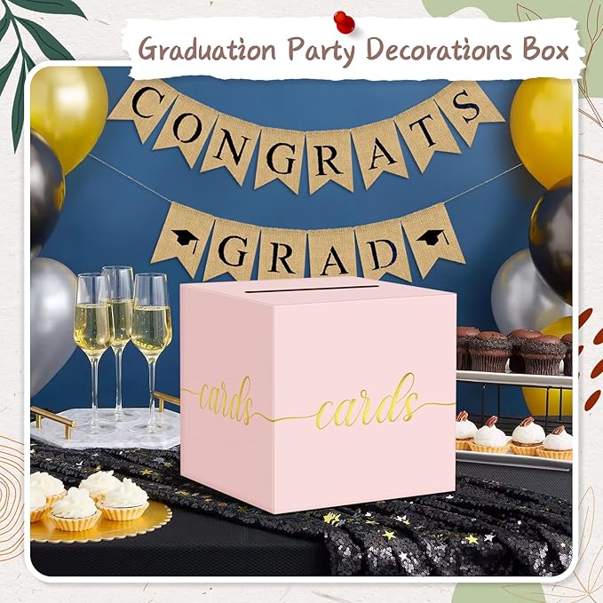 QIKSION Pink Wedding Card Box, Gold Foil Gift Card Box for Party, Wedding Reception, Graduation, Birthday, Baby Shower, Raffle