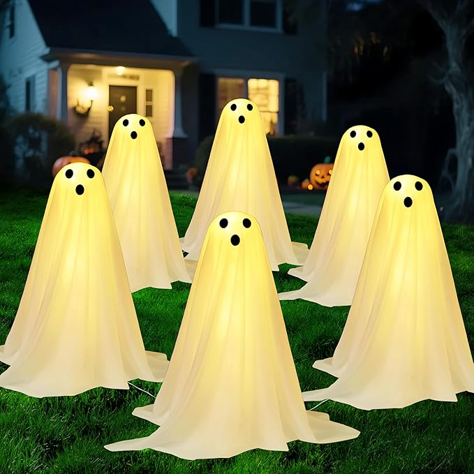 JOYIN 3 Pcs Halloween Decorations Outdoor Ghosts Pathway Lights, 18” White Cloth Ghost with White Light Up Yard Stakes for Graveyard Yard Lawn Garden Prop, Party Decor Supplies