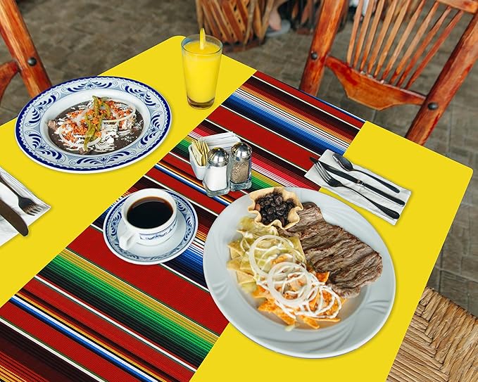 Oudain 12 Pcs Fiesta Tablecloth 108 x 54 Inch Plastic Tablecover Waterproof Mexican Tablecloth Mexican Striped Table Cover for Taco Night Festive Fiesta Wedding (Vivid Colors)