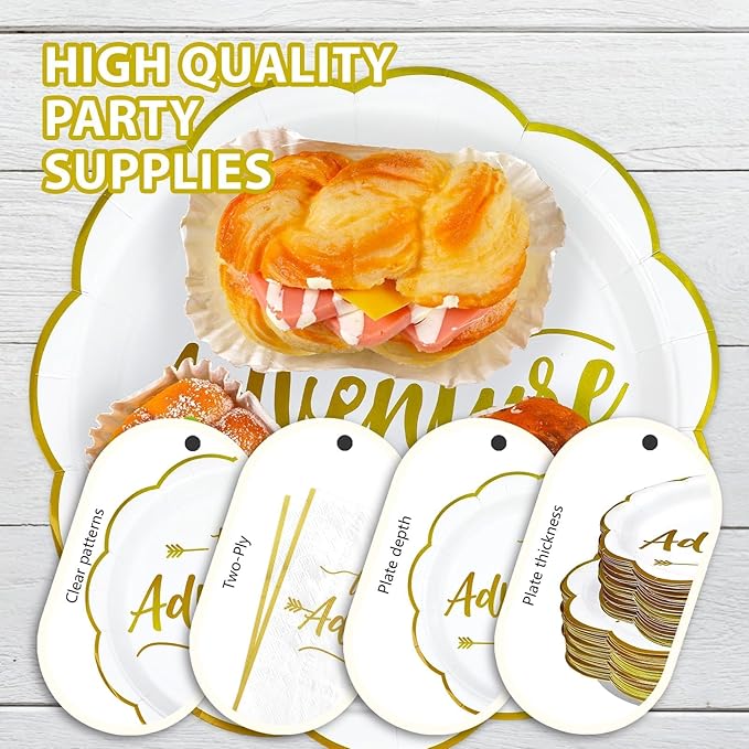 168Pcs The Adventure Begins Party Decoration Disposable White Gold Engagement Plates and Napkins Retirement Party Tableware Set For Graduation Retirement Wedding Bridal Shower Bachelorette Supplies