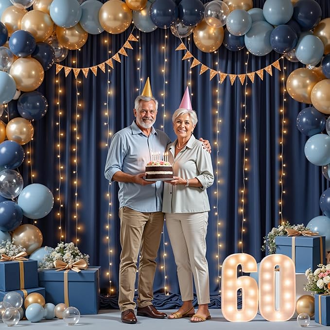 10 x 10ft Navy Blue Backdrop Curtains with Lights String for Wedding Polyester Photo Backdrop Drapes Wrinkle Free White Curtains Backdrop for Birthday Parties Reception Baby Shower Ceremony, 2 Panels