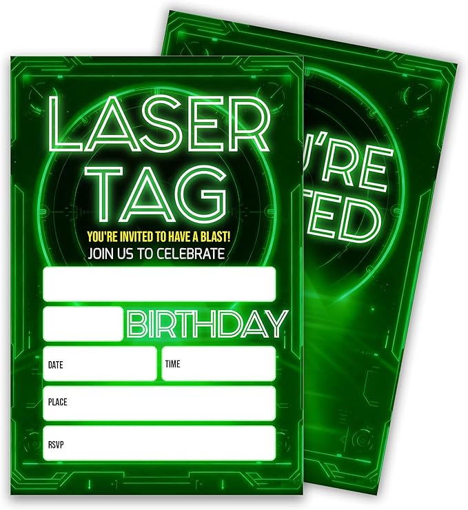 Laser Tag Birthday Party Invitations, Glow Neon Theme Invite Cards, 20 Count with Envelopes for Boys Girls Teen, 4 x 6 Double Sided Printed Fill In Blank Party Supplies- Green