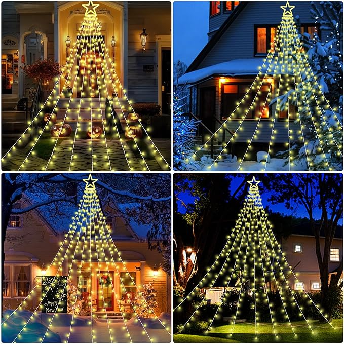Christmas Decorations Outdoor, 11.5 ft 317 LED Star Christmas Tree Lights, 8 Memory Lighting Modes&Timer Star Light for Yard, Wedding, Party, Decorations（Warm