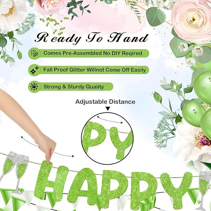 Breling Pre Strung Happy Engagement Banner Glitter Engagement Party Decorations for Congratulations Engaged Wedding Shower Signs Decor(Light Green)