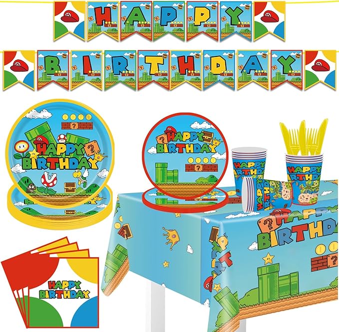 122Pcs Disposable Tableware Fits for Super Bros Party Supplies Table Decoration Kit for 20-Guests Includes Banner, Tableloth, Plates, Cups, Napkins, Forks and Knives