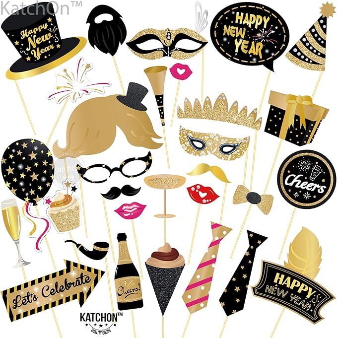 KatchOn, Glitter New Years Photo Booth Props 2026 - Pack of 30 | New Years Eve Photo Booth Props 2026 for New Years Eve Party Supplies 2026 | NYE Party Favors 2026 for Happy New Years Decorations 2026
