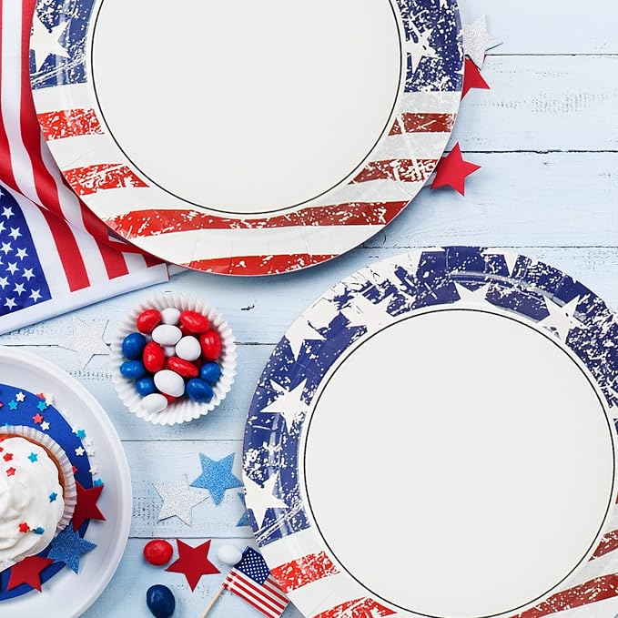 48pcs 4th of July Party Paper Plates 7" Patriotic American Flag Dessert Plate Set Disposable Independence Day Memorial Day Tableware Party Dinnerware Kit Supplies Holidays Birthday Decoration
