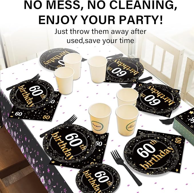 60th Birthday Party Supplies Serves 24 Black and Gold 60 Years Old Party Decorations Paper Plates Napkins Cheers to 60 Years Favors Tablecloth Set Vintage 1966 Tableware Kit for Men Birthday