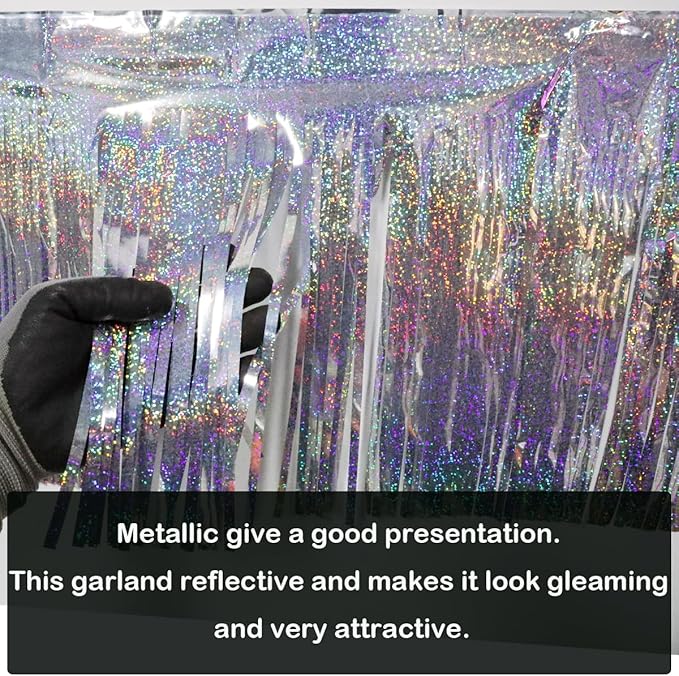 3 Pack Total 30 Feet Foil Fringe Garland Lilac Silver Metallic Wall Hanging Drapes Tassel Skirting Iridescent Silver Tinsel Streamers for Parade Float Trailer Birthday Wedding Party