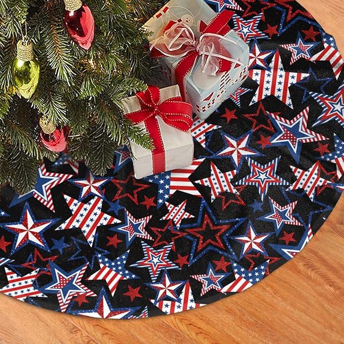 Patriotics American Flag Stars and Stripes Veterans Day Christmas Tree Skirt 4th of July Decorations Christmas Tree Ornaments Holiday Party Indoor Outdoor 48"