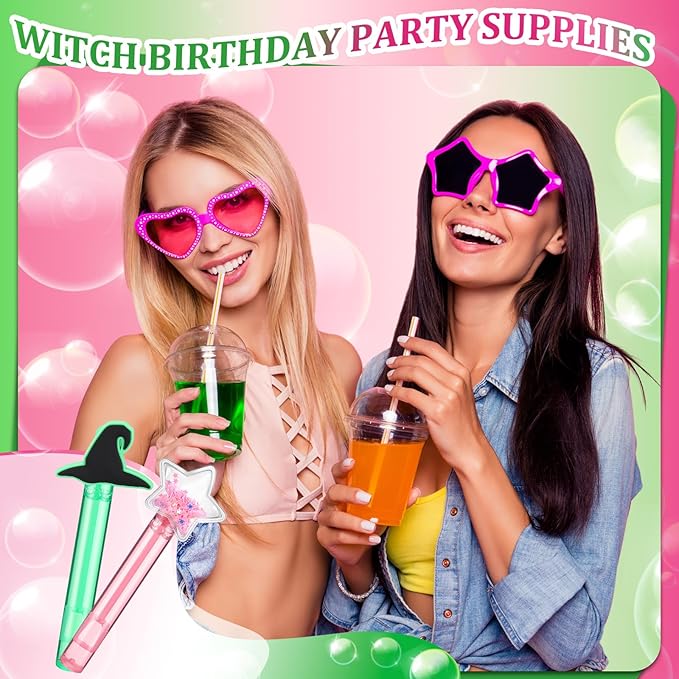 24 Pcs Witch Party Favors Witch Hat and Star Bubble Wands Pink and Green Bubble Wands for Summer Outdoor Goodie Bags Stuffers Carnival Prizes Birthday Treats